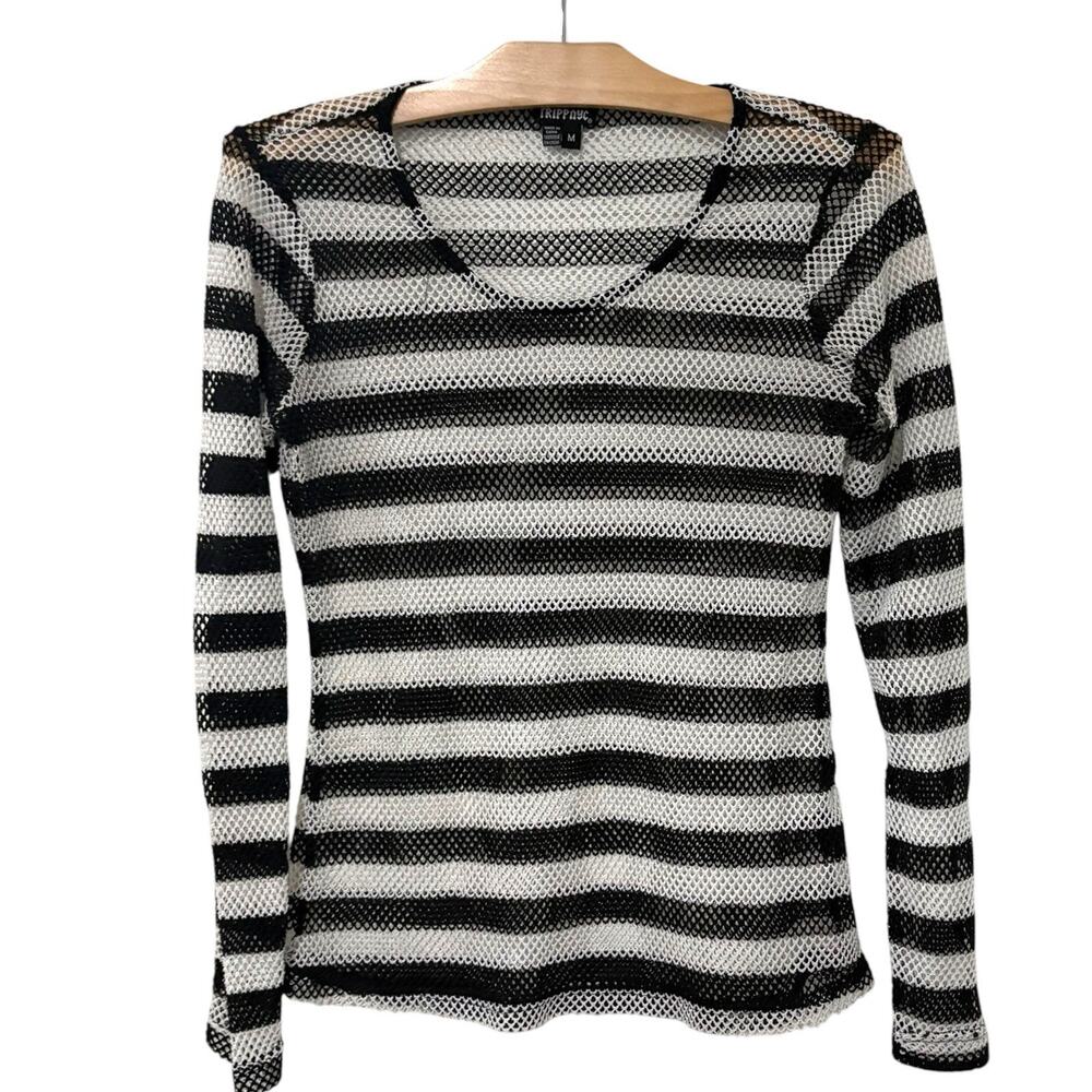 Tripp NYC | Top Fishnet Striped Black White Open Knit Long Sleeve Punk- Medium